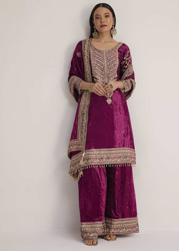 Magenta Pink Velvet Embroidered Palazzo Suit