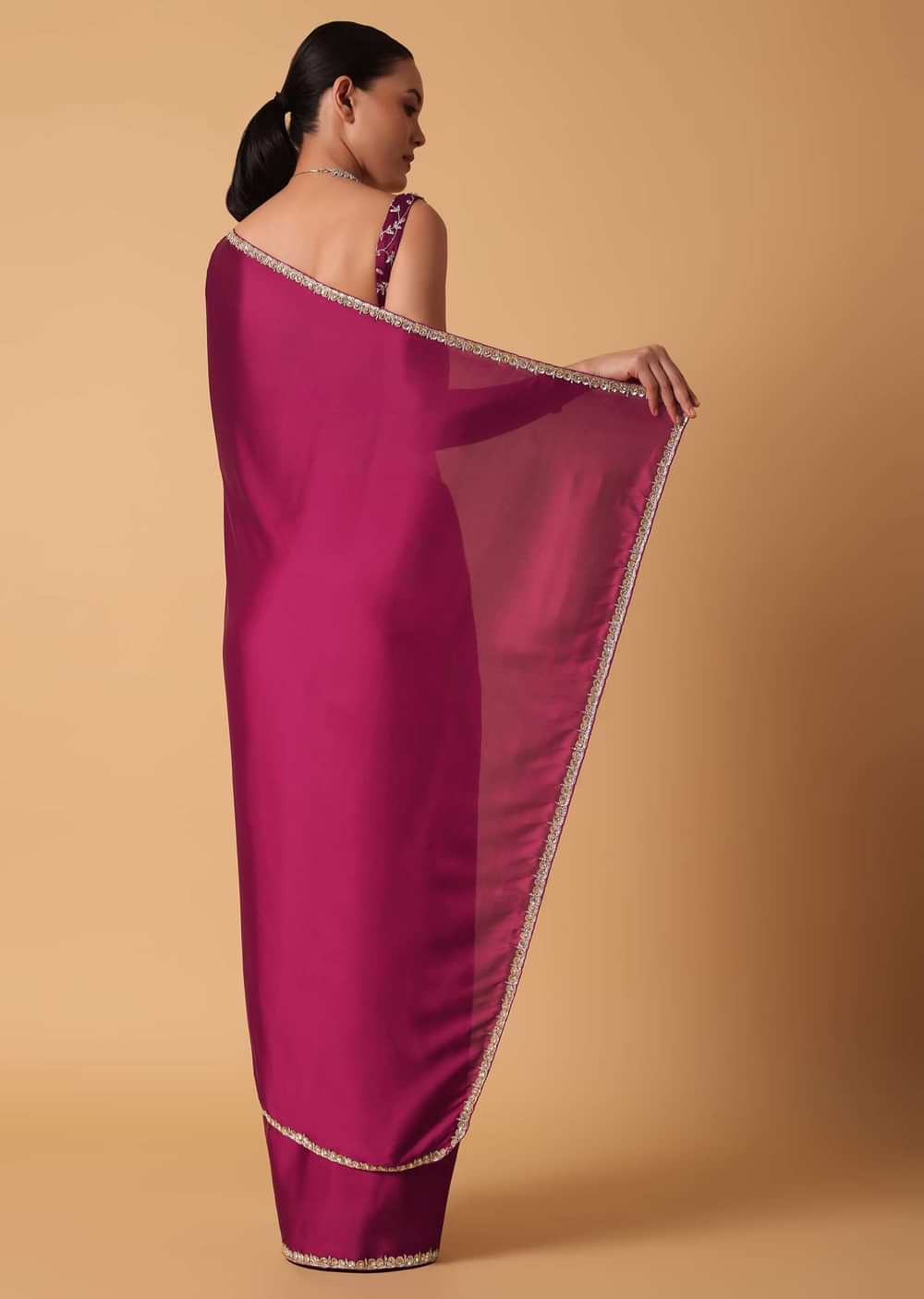 Magenta Red Satin Saree With Sequin Embellished Border And Unstitched Blouse Piece