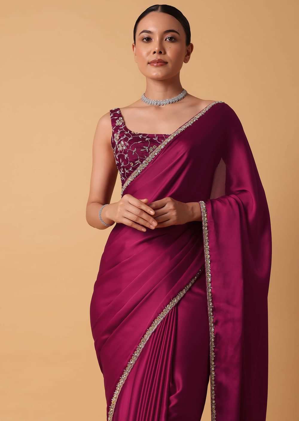 Magenta Red Satin Saree With Sequin Embellished Border And Unstitched Blouse Piece