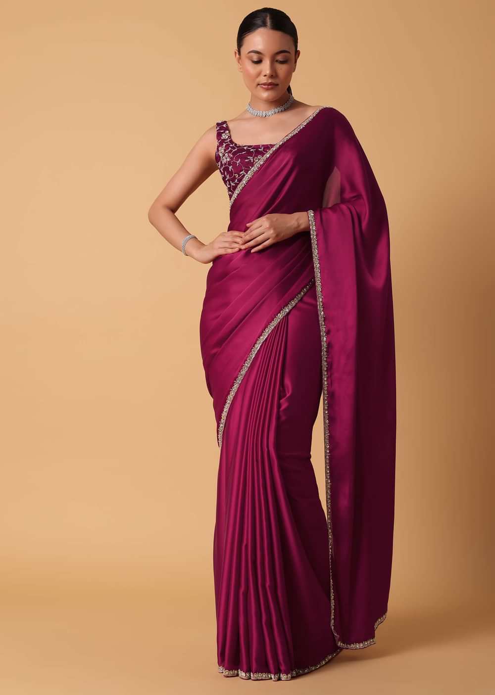 Magenta Red Satin Saree With Sequin Embellished Border And Unstitched Blouse Piece