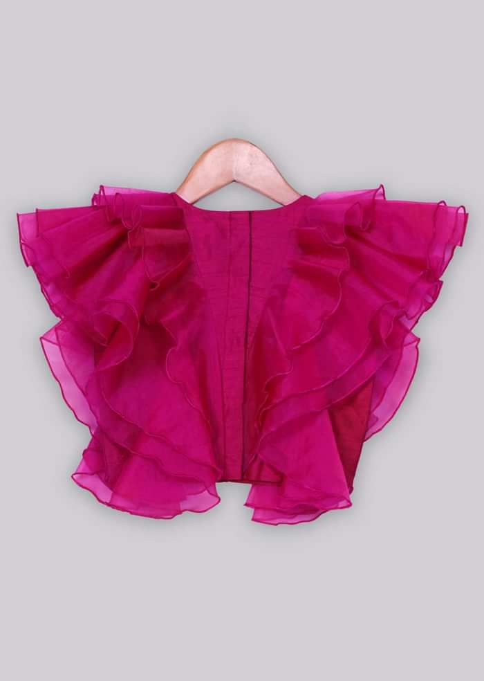 Kalki Girls Magenta ruffle top with peach floral printed lehenga