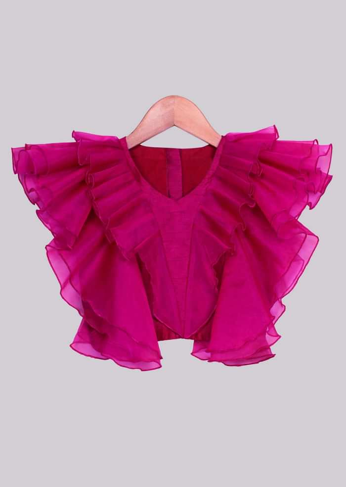 Kalki Girls Magenta ruffle top with peach floral printed lehenga
