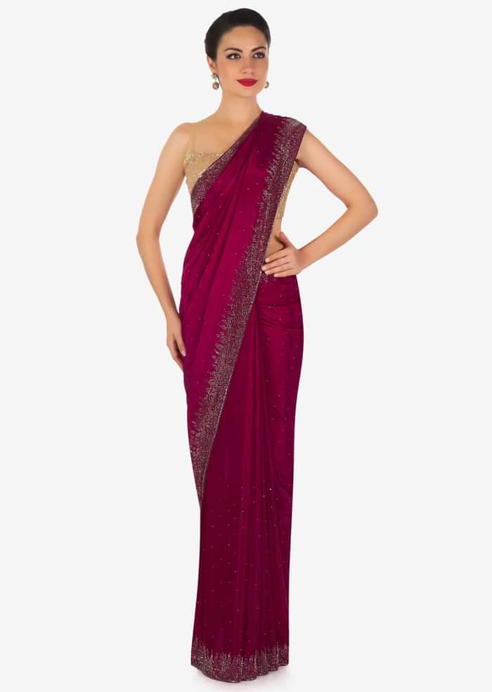 Magenta saree in satin chiffon with cut dana border only on Kalki