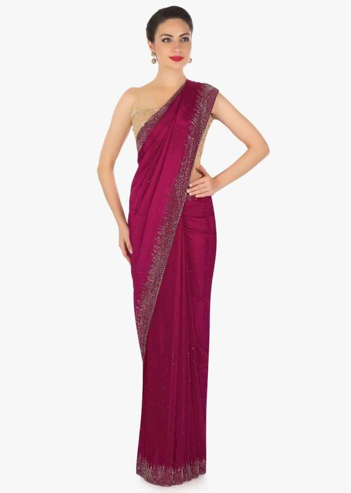 Magenta saree in satin chiffon with cut dana border only on Kalki
