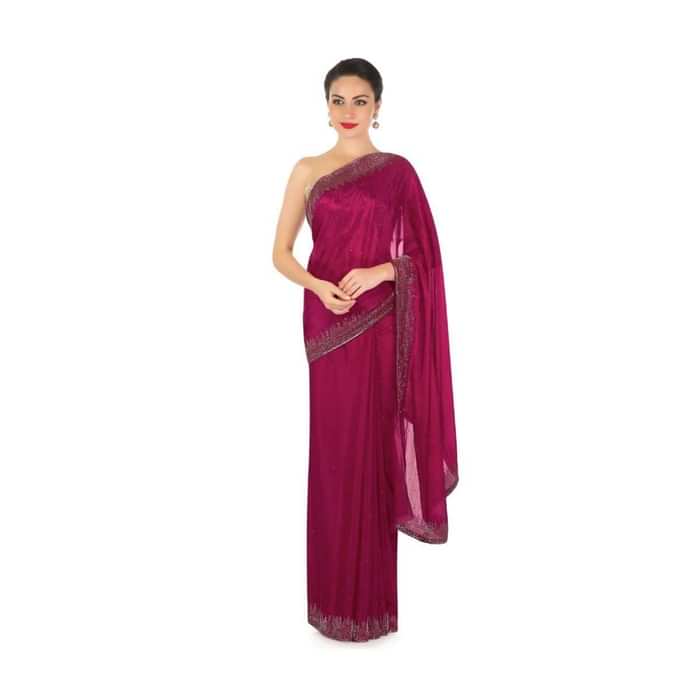 Magenta saree in satin chiffon with cut dana border only on Kalki