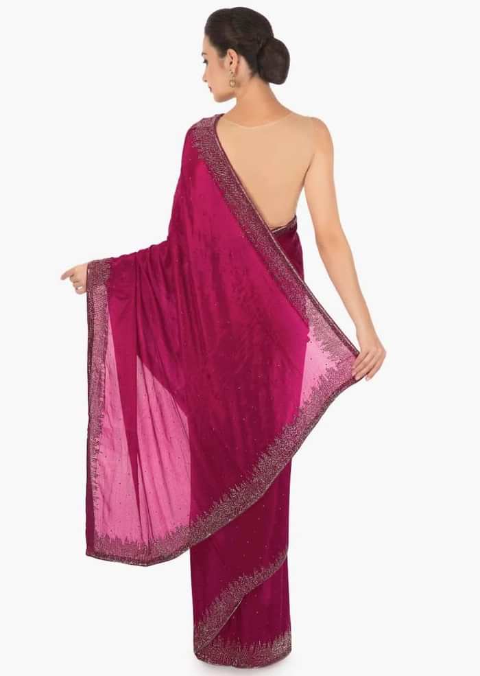 Magenta saree in satin chiffon with cut dana border only on Kalki