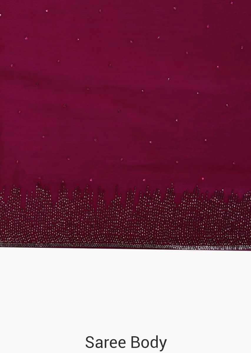Magenta saree in satin chiffon with cut dana border only on Kalki