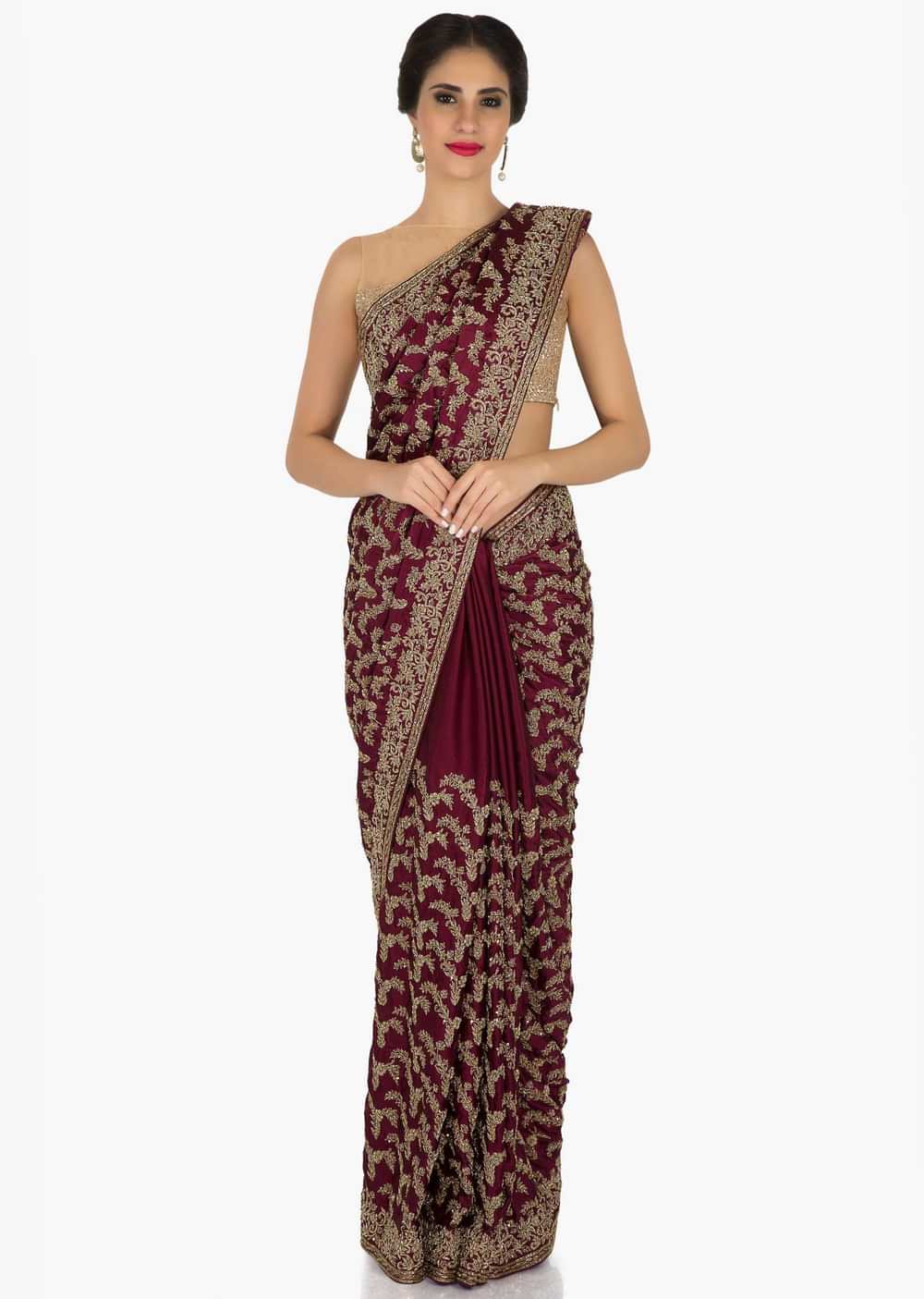 Magenta Saree in satin enhanced in zardosi embroidery only on Kalki