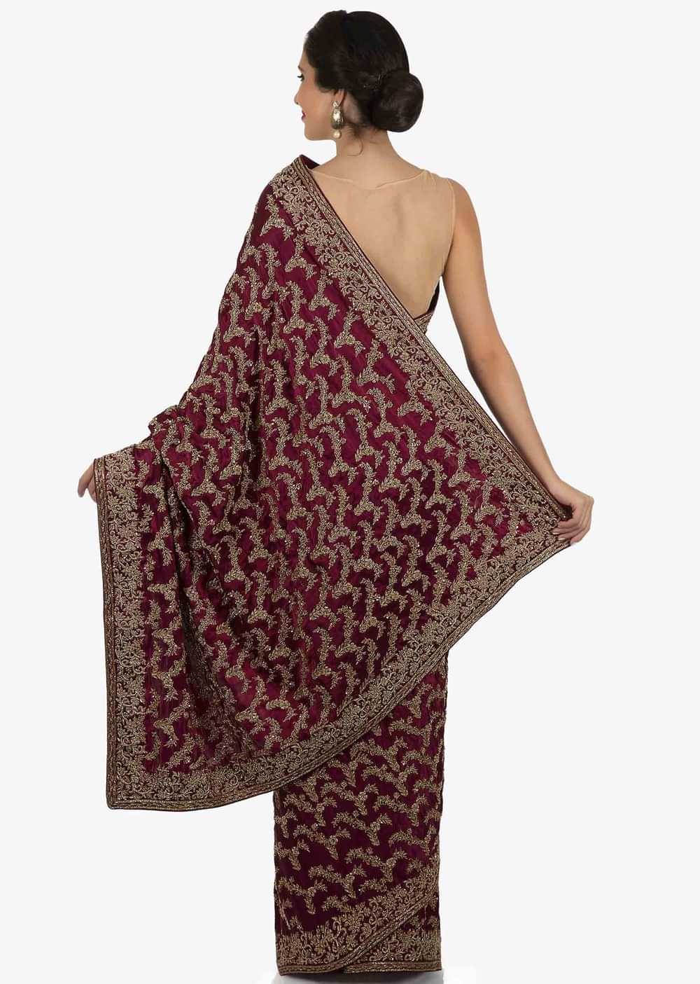 Magenta Saree in satin enhanced in zardosi embroidery only on Kalki