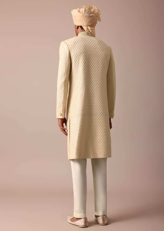 Magnificent Beige Silk Lucknowi Sherwani Set