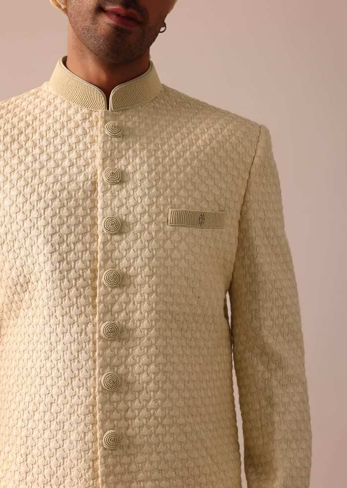 Magnificent Beige Silk Lucknowi Sherwani Set
