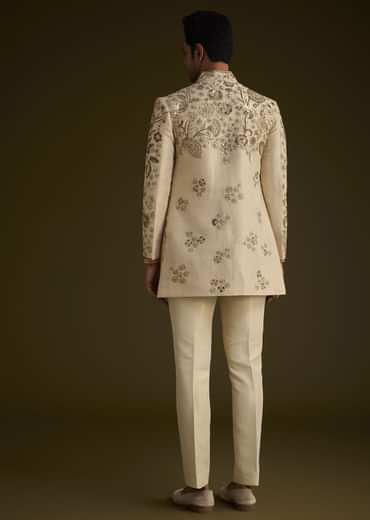 Beige Silk Indowestern Suit With Floral Zardosi Embroidery
