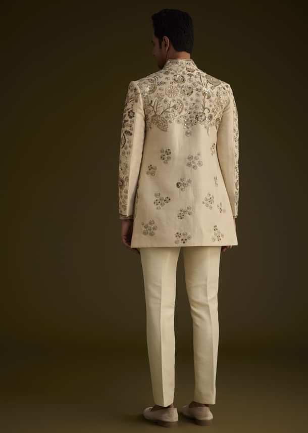 Beige Silk Indowestern Suit With Floral Zardosi Embroidery