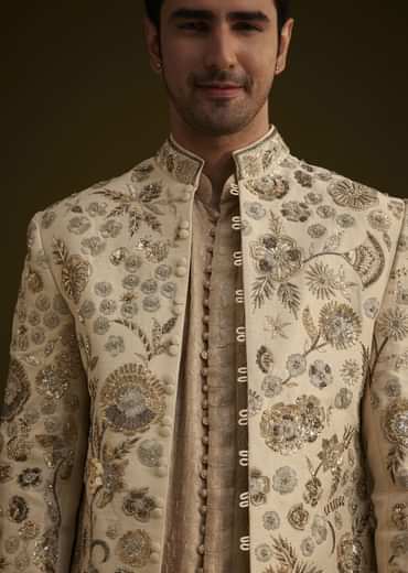 Beige Silk Indowestern Suit With Floral Zardosi Embroidery