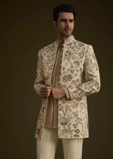 Beige Silk Indowestern Suit With Floral Zardosi Embroidery