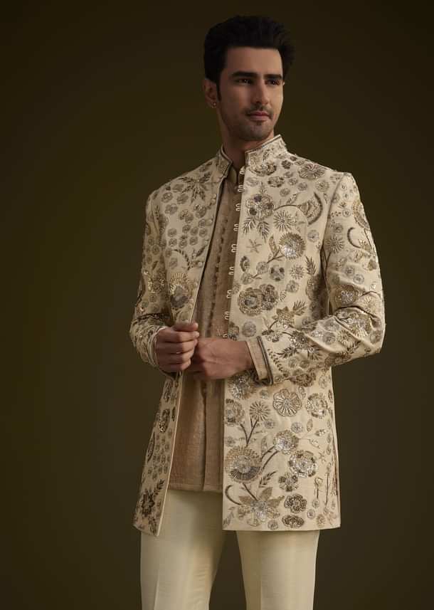 Beige Silk Indowestern Suit With Floral Zardosi Embroidery