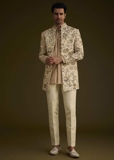 Beige Silk Indowestern Suit With Floral Zardosi Embroidery