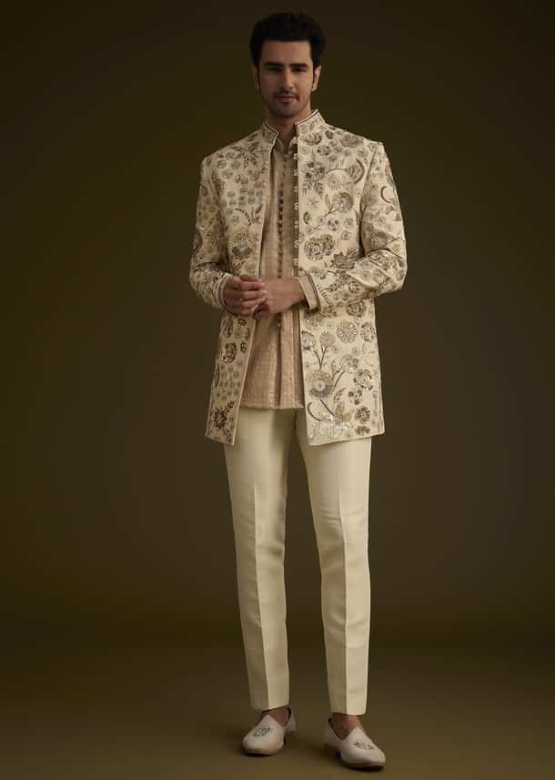 Beige Silk Indowestern Suit With Floral Zardosi Embroidery