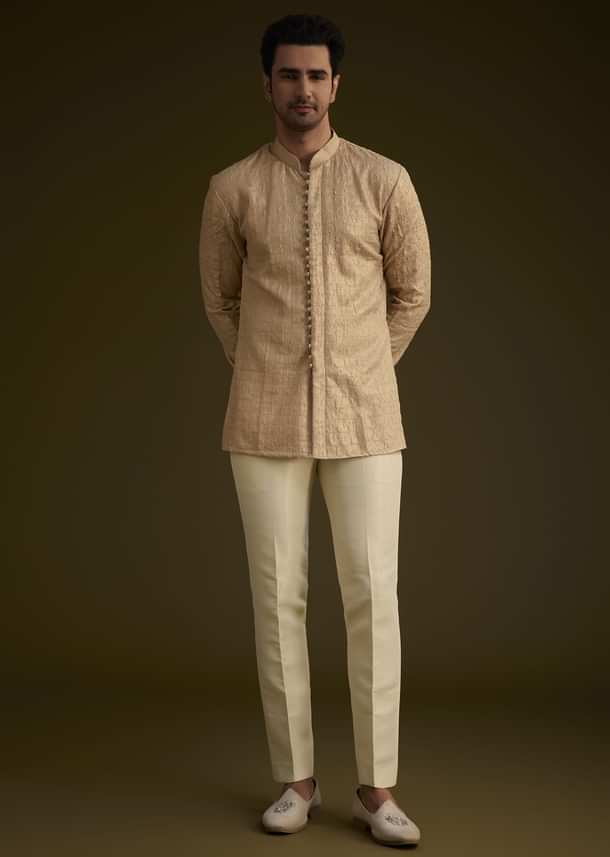 Beige Silk Indowestern Suit With Floral Zardosi Embroidery