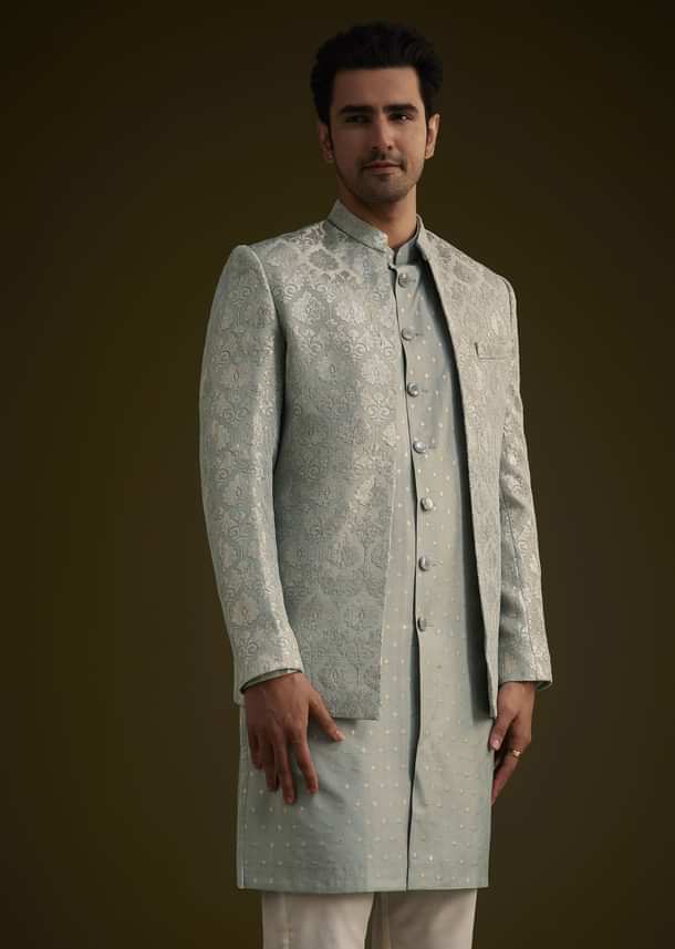 Grey Silk Jodhpuri Suit Featuring Foil Print