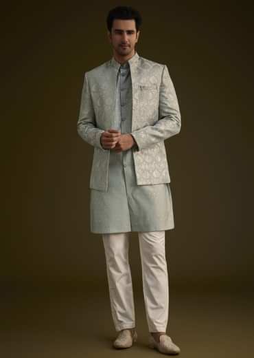 Grey Silk Jodhpuri Suit Featuring Foil Print