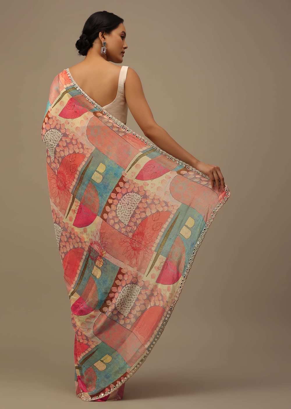 Marigold Orange Embroidered Muslin Saree With Floral Print And Scallop Borders