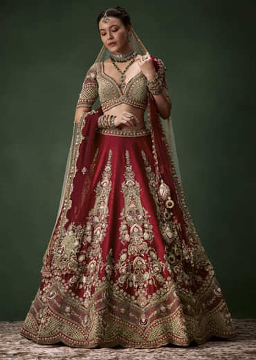 Maroon Bridal Lehenga Set In Raw Silk with Two Dupattas