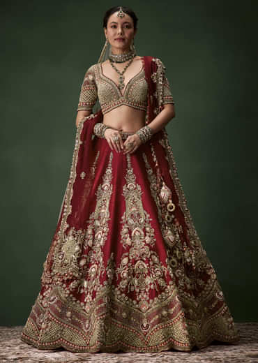 Maroon Bridal Lehenga Set In Raw Silk with Two Dupattas