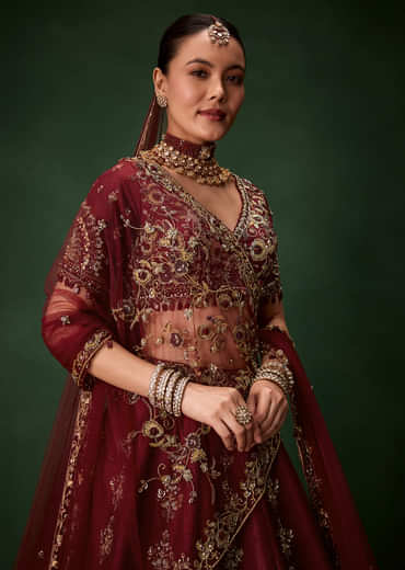 Maroon Bridal Moti Silk Lehenga Set with  Two Dupattas