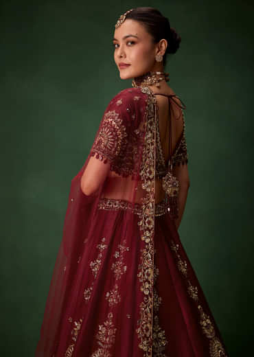 Maroon Bridal Moti Silk Lehenga Set with  Two Dupattas