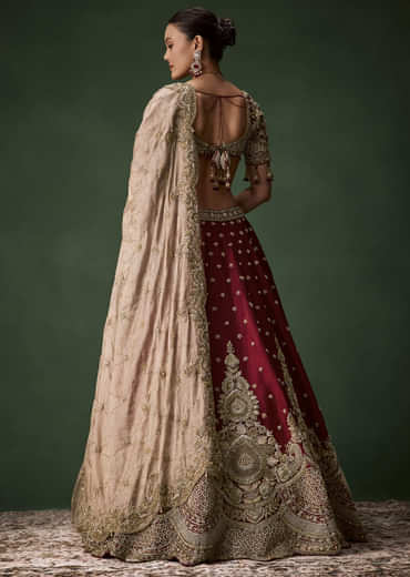 Maroon Bridal Patchwork Silk Lehenga Set with  Two Dupattas