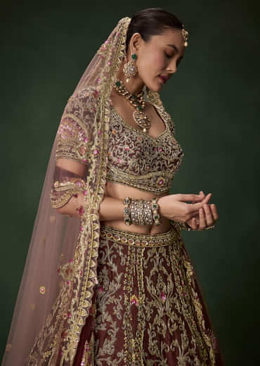 Maroon Bridal Silk Embellished Lehenga Set with  Two Dupattas