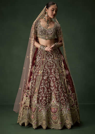 Maroon Bridal Silk Embellished Lehenga Set with  Two Dupattas