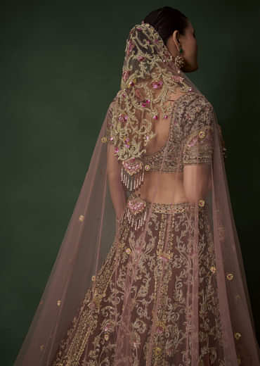Maroon Bridal Silk Embellished Lehenga Set with  Two Dupattas