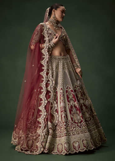 Maroon Bridal Silk Sequin Lehenga Set with  Two Dupattas