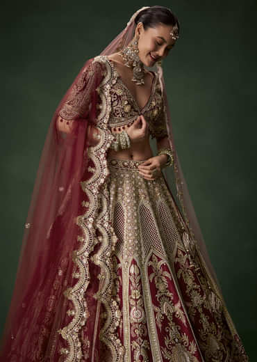 Maroon Bridal Silk Sequin Lehenga Set with  Two Dupattas