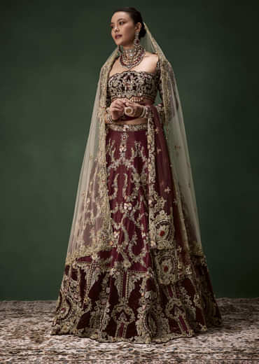 Maroon Bridal Silk Zardozi Lehenga Set with  Two Dupattas