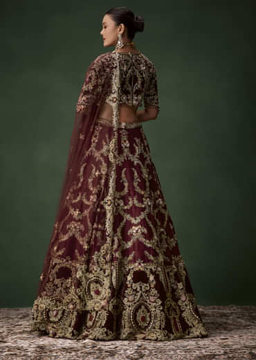 Maroon Bridal Silk Zardozi Lehenga Set with  Two Dupattas