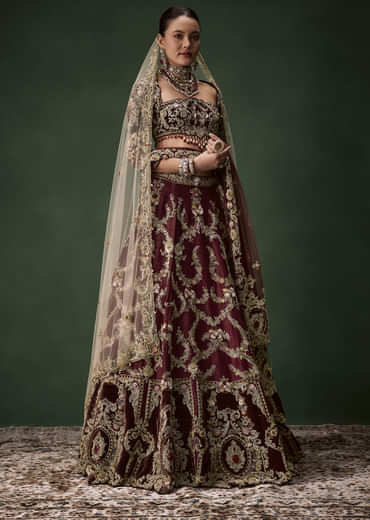 Maroon Bridal Silk Zardozi Lehenga Set with  Two Dupattas