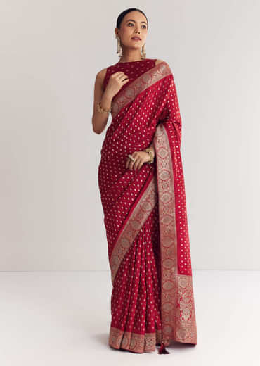 Maroon Butti Work Saree With Floral Border