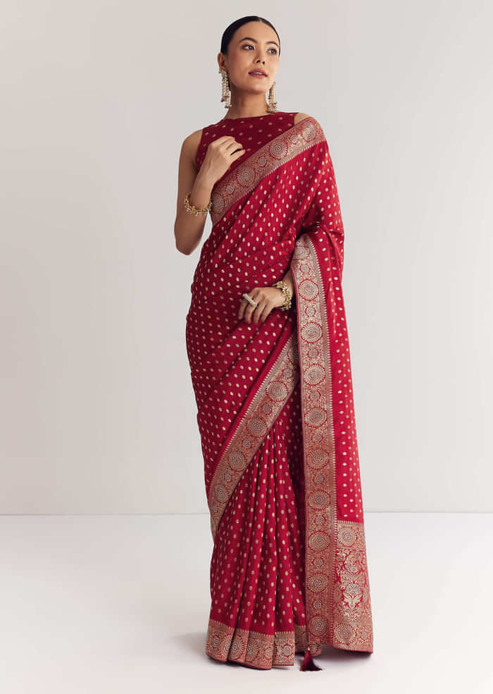 Maroon Butti Work Saree With Floral Border