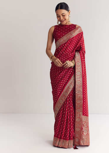 Maroon Butti Work Saree With Floral Border