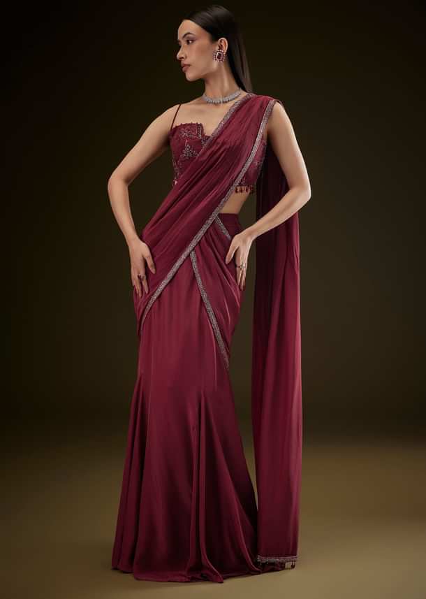 Maroon Corset Embroidered Blouse With Pre Stitched Draped Saree