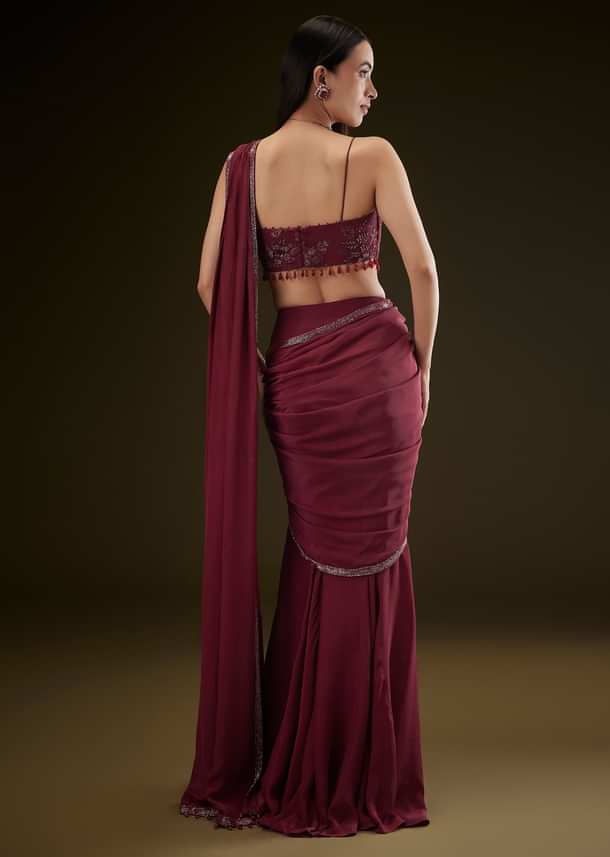 Maroon Corset Embroidered Blouse With Pre Stitched Draped Saree