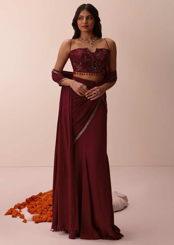 Maroon Corset Embroidered Blouse With Pre Stitched Draped Saree