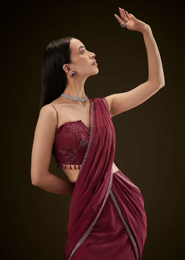 Maroon Corset Embroidered Blouse With Pre Stitched Draped Saree