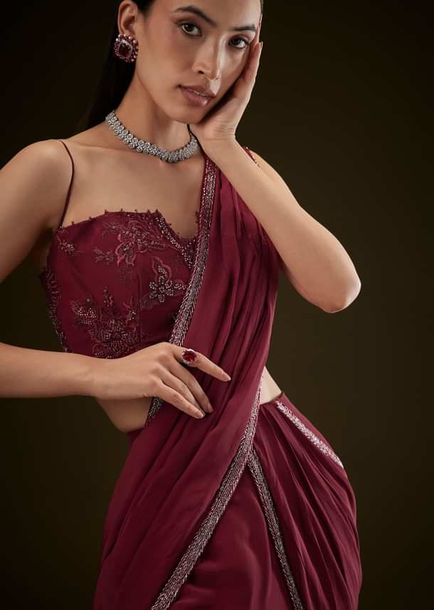 Maroon Corset Embroidered Blouse With Pre Stitched Draped Saree