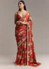 Maroon Crepe Saree With Multicolor Floral Print And Embellished Border