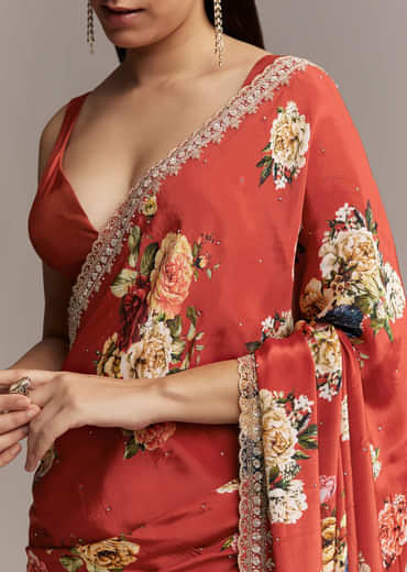 Maroon Crepe Saree With Multicolor Floral Print And Embellished Border