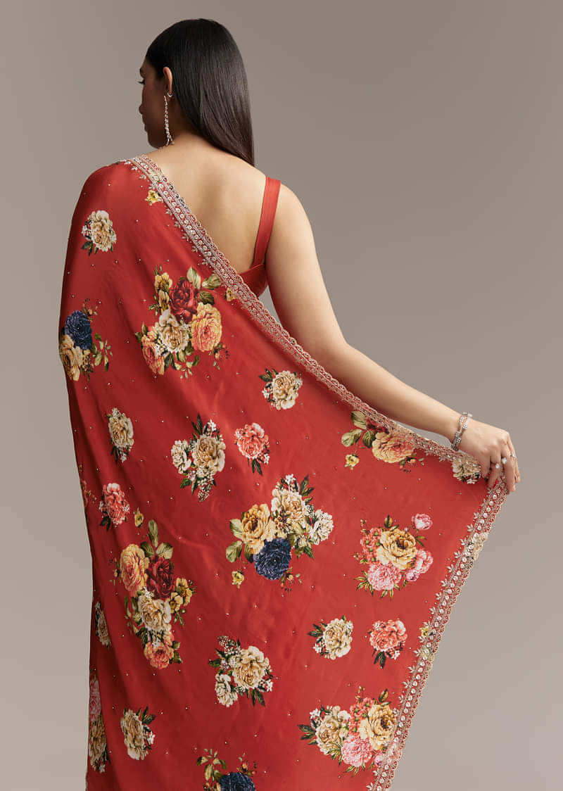 Maroon Crepe Saree With Multicolor Floral Print And Embellished Border